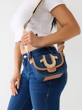 True Religion Denim Crossbody with Tan Trim and Gold Horseshoe